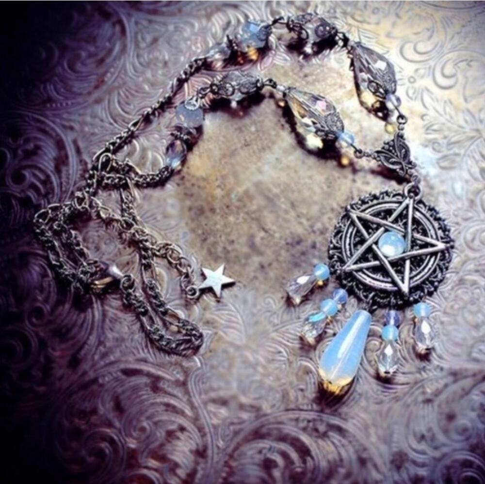 Midnight Opaline Goth Moonlight Pentagram Pentacle Necklace